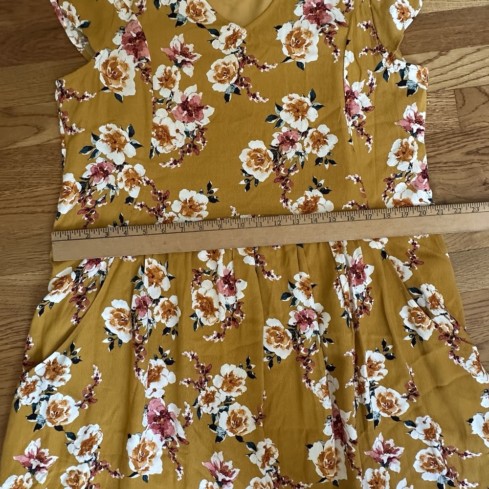 Garnet Hill Midi Dress Womens Sz 14 Mustard Yellow Floral Pockets Short Sleeve - Picture 13 of 13